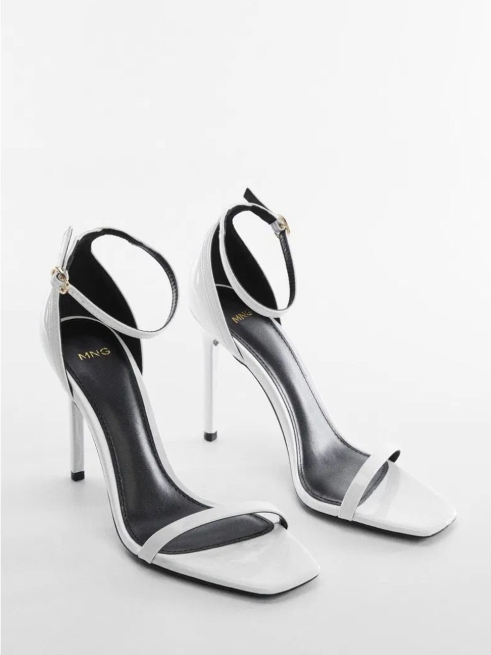 Mango White Patent Ankle-Strap Stiletto Sandals with Gold Buckle